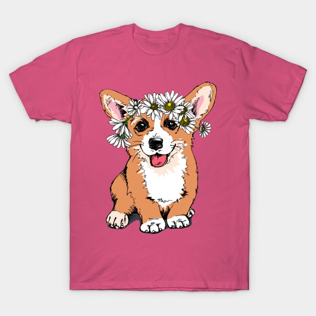 Cute Funny Corgi With Flowers on Head Artwork T-Shirt by Artistic muss